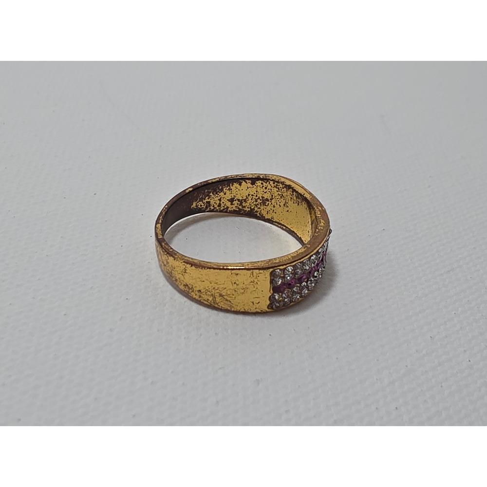 Vintage Gold Tone Pink and Clear Rhinestone Wide Band Ring Size 9 - Picture 4 of 8
